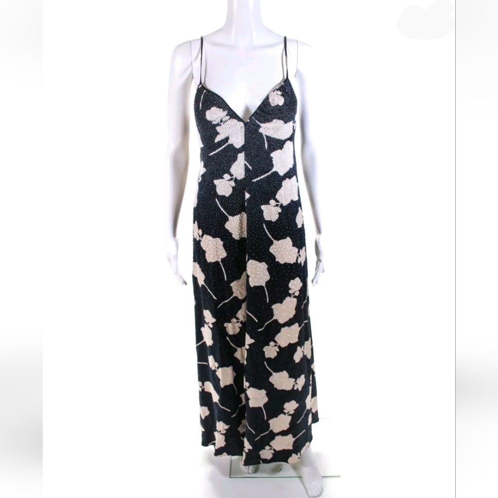 Neil Bieff Womens Silk Floral Print Bead Embellished Gown Navy Blue Size 6